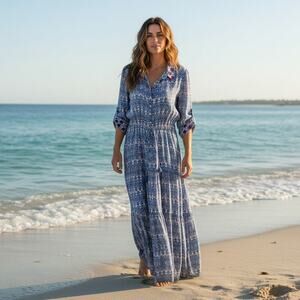 Carolina K Embroidered Maxi Dress Size XS Blue Cotton Roll Tab Sleeves Boho